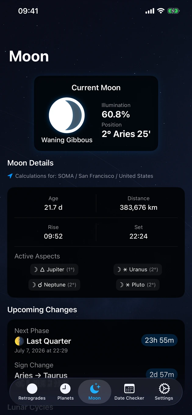 Phase, sign, illumination, and rise & set — for your exact location.